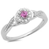 0.25 Carat (ctw) 14K White Gold Round Pink Sapphire & White Diamond Ladies Swirl Split Shank Bridal Halo Engagement Ring 1/4 CT