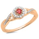 0.25 Carat (ctw) 14K Rose Gold Round Red Ruby & White Diamond Ladies Swirl Split Shank Bridal Halo Engagement Ring 1/4 CT