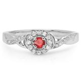 0.25 Carat (ctw) 14K White Gold Round Ruby & White Diamond Ladies Swirl Split Shank Bridal Halo Engagement Ring 1/4 CT