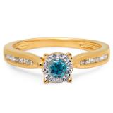 0.40 Carat (ctw) 10K Yellow Gold Round Cut Blue & White Diamond Ladies Bridal Solitaire With Accents Engagement Ring