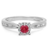 0.40 Carat (ctw) 10K White Gold Round Cut Red Ruby & White Diamond Ladies Bridal Solitaire With Accents Engagement Ring