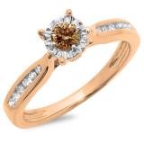 0.40 Carat (ctw) 10K Rose Gold Round Cut Champagne & White Diamond Ladies Bridal Solitaire With Accents Engagement Ring