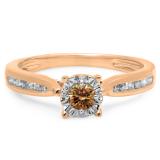 0.40 Carat (ctw) 10K Rose Gold Round Cut Champagne & White Diamond Ladies Bridal Solitaire With Accents Engagement Ring