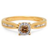 0.40 Carat (ctw) 14K Yellow Gold Round Cut Champagne & White Diamond Ladies Bridal Solitaire With Accents Engagement Ring