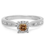 0.40 Carat (ctw) 18K White Gold Round Cut Champagne & White Diamond Ladies Bridal Solitaire With Accents Engagement Ring