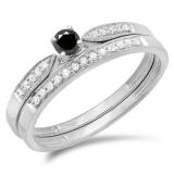 0.25 Carat (ctw) 10K White Gold Round Black & White Diamond Ladies Bridal Engagement Ring Matching Band Wedding Set 1/4 CT