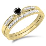 0.25 Carat (ctw) 10K Yellow Gold Round Black & White Diamond Ladies Bridal Engagement Ring Matching Band Wedding Set 1/4 CT