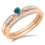 0.25 Carat (ctw) 10K Rose Gold Round Blue & White Diamond Ladies Bridal Engagement Ring Matching Band Wedding Set 1/4 CT