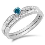 0.25 Carat (ctw) 10K White Gold Round Blue & White Diamond Ladies Bridal Engagement Ring Matching Band Wedding Set 1/4 CT