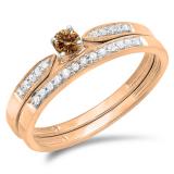 0.25 Carat (ctw) 10K Rose Gold Round Champagne & White Diamond Ladies Bridal Engagement Ring Matching Band Wedding Set 1/4 CT