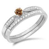 0.25 Carat (ctw) 10K White Gold Round Champagne & White Diamond Ladies Bridal Engagement Ring Matching Band Wedding Set 1/4 CT
