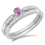 0.25 Carat (ctw) 10K White Gold Round Pink Sapphire & White Diamond Ladies Bridal Engagement Ring Matching Band Wedding Set 1/4 CT
