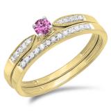 0.25 Carat (ctw) 18K Yellow Gold Round Pink Sapphire & White Diamond Ladies Bridal Engagement Ring Matching Band Wedding Set 1/4 CT