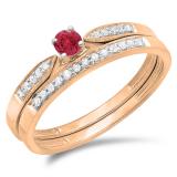 0.25 Carat (ctw) 10K Rose Gold Round Red Ruby & White Diamond Ladies Bridal Engagement Ring Matching Band Wedding Set 1/4 CT
