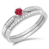 0.25 Carat (ctw) 10K White Gold Round Red Ruby & White Diamond Ladies Bridal Engagement Ring Matching Band Wedding Set 1/4 CT