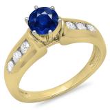 1.00 Carat (ctw) 10K Yellow Gold Round Cut Blue Sapphire & White Diamond Ladies Bridal Solitaire With Accents Engagement Ring 1 CT