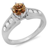 1.00 Carat (ctw) 10K White Gold Round Cut Champagne & White Diamond Ladies Bridal Solitaire With Accents Engagement Ring 1 CT