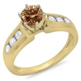 1.00 Carat (ctw) 10K Yellow Gold Round Cut Champagne & White Diamond Ladies Bridal Solitaire With Accents Engagement Ring 1 CT