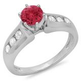 1.00 Carat (ctw) 10K White Gold Round Cut Red Ruby & White Diamond Ladies Bridal Solitaire With Accents Engagement Ring 1 CT