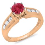 1.00 Carat (ctw) 18K Rose Gold Round Cut Red Ruby & White Diamond Ladies Bridal Solitaire With Accents Engagement Ring 1 CT