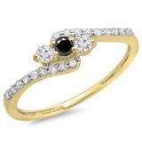 0.33 Carat (ctw) 10K Yellow Gold Round Black & White Diamond Ladies Swirl Engagement 3 Stone Bridal Ring 1/3 CT