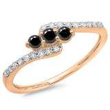 0.33 Carat (ctw) 18K Rose Gold Round Black & White Diamond Ladies Swirl Engagement 3 Stone Bridal Ring 1/3 CT