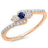 0.33 Carat (ctw) 10K Rose Gold Round Blue Sapphire & White Diamond Ladies Swirl Engagement 3 Stone Bridal Ring 1/3 CT