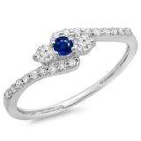 0.33 Carat (ctw) 14K White Gold Round Blue Sapphire & White Diamond Ladies Swirl Engagement 3 Stone Bridal Ring 1/3 CT