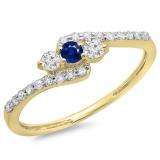 0.33 Carat (ctw) 18K Yellow Gold Round Blue Sapphire & White Diamond Ladies Swirl Engagement 3 Stone Bridal Ring 1/3 CT