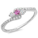 0.33 Carat (ctw) 14K White Gold Round Pink Sapphire & White Diamond Ladies Swirl Engagement 3 Stone Bridal Ring 1/3 CT