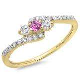 0.33 Carat (ctw) 18K Yellow Gold Round Pink Sapphire & White Diamond Ladies Swirl Engagement 3 Stone Bridal Ring 1/3 CT