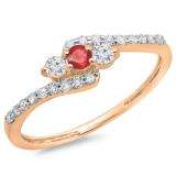 0.33 Carat (ctw) 18K Rose Gold Round Red Ruby & White Diamond Ladies Swirl Engagement 3 Stone Bridal Ring 1/3 CT