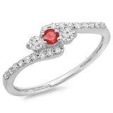 0.33 Carat (ctw) 18K White Gold Round Red Ruby & White Diamond Ladies Swirl Engagement 3 Stone Bridal Ring 1/3 CT