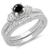 1.00 Carat (ctw) 10K White Gold Round Black & White Diamond Ladies Vintage 3 Stone Bridal Engagement Ring With Matching Band Set 1 CT