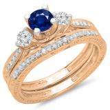 1.00 Carat (ctw) 10K Rose Gold Round Blue Sapphire & White Diamond Ladies Vintage 3 Stone Bridal Engagement Ring With Matching Band Set 1 CT
