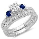 1.00 Carat (ctw) 10K White Gold Round Blue Sapphire & White Diamond Ladies Vintage 3 Stone Bridal Engagement Ring With Matching Band Set 1 CT