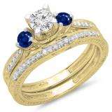 1.00 Carat (ctw) 10K Yellow Gold Round Blue Sapphire & White Diamond Ladies Vintage 3 Stone Bridal Engagement Ring With Matching Band Set 1 CT