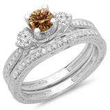 1.00 Carat (ctw) 10K White Gold Round Champagne & White Diamond Ladies Vintage 3 Stone Bridal Engagement Ring With Matching Band Set 1 CT
