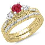 1.00 Carat (ctw) 10K Yellow Gold Round Red Ruby & White Diamond Ladies Vintage 3 Stone Bridal Engagement Ring With Matching Band Set 1 CT