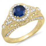 1.33 Carat (ctw) 10K Yellow Gold Round Blue Sapphire & White Diamond Ladies Split Shank Vintage Bridal Halo Style Engagement Ring 1 1/3 CT