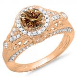 1.33 Carat (ctw) 10K Rose Gold Round Champagne & White Diamond Ladies Split Shank Vintage Bridal Halo Style Engagement Ring 1 1/3 CT