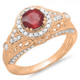 1.33 Carat (ctw) 18K Rose Gold Round Red Ruby & White Diamond Ladies Split Shank Vintage Bridal Halo Style Engagement Ring 1 1/3 CT
