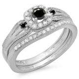 0.50 Carat (ctw) 10K White Gold Round White and Black Diamond Ladies Halo Style Bridal Engagement Ring With Matching Band Set 1/2 CT