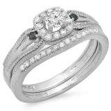 0.50 Carat (ctw) 10K White Gold Round White and Black Diamond Ladies Halo Style Bridal Engagement Ring With Matching Band Set 1/2 CT