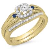 0.50 Carat (ctw) 10K Yellow Gold Round White Diamond and Blue Sapphire Ladies Halo Style Bridal Engagement Ring With Matching Band Set 1/2 CT