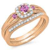 0.50 Carat (ctw) 10K Rose Gold Round White Diamond and Pink Sapphire Ladies Halo Style Bridal Engagement Ring With Matching Band Set 1/2 CT