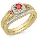 0.50 Carat (ctw) 14K Yellow Gold Round White Diamond and Red Ruby Ladies Halo Style Bridal Engagement Ring With Matching Band Set 1/2 CT