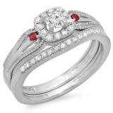 0.50 Carat (ctw) 10K White Gold Round White Diamond and Red Ruby Ladies Halo Style Bridal Engagement Ring With Matching Band Set 1/2 CT