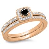 0.50 Carat (ctw) 10K Rose Gold Round Cut Black & White Diamond Ladies Bridal Halo Engagement Ring With Matching Band Set 1/2 CT