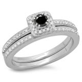 0.50 Carat (ctw) 10K White Gold Round Cut Black & White Diamond Ladies Bridal Halo Engagement Ring With Matching Band Set 1/2 CT